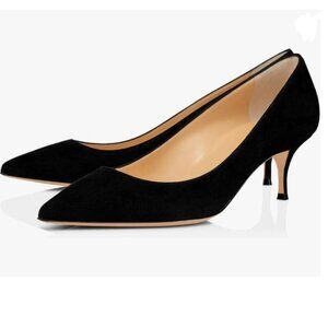 FSJ Black Suede Classic Kitten Heels Pointy Closed Toe Pumps Slip On Office Shoe